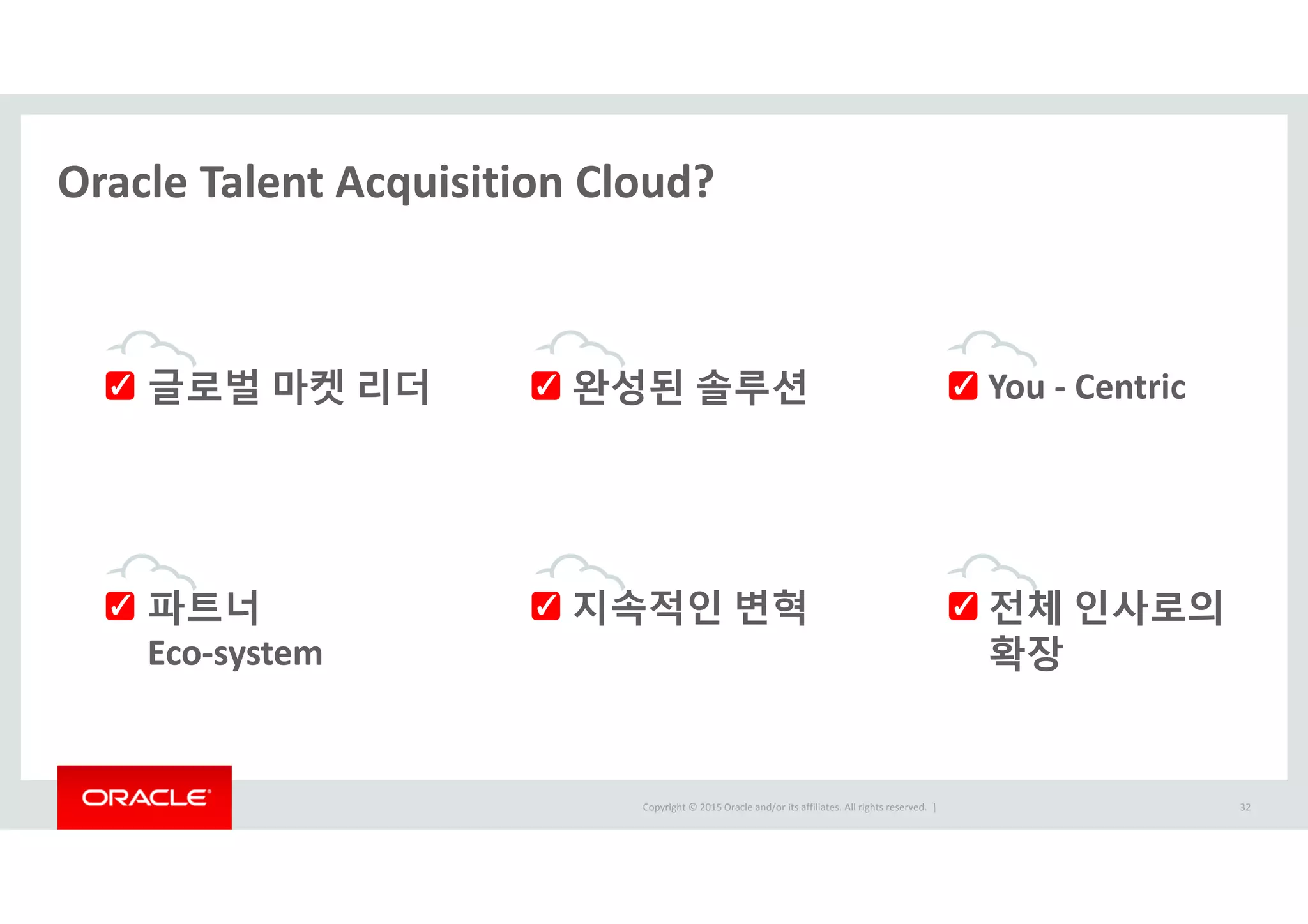 Copyright © 2015 Oracle and/or its affiliates. All rights reserved.  |
Oracle Talent Acquisition Cloud?
글로벌 마켓 리더 완성된 솔루션 You ‐ Centric
파트너
Eco‐system
지속적인 변혁 전체 인사로의
확장
✓
✓
✓
✓
✓
✓
32
 