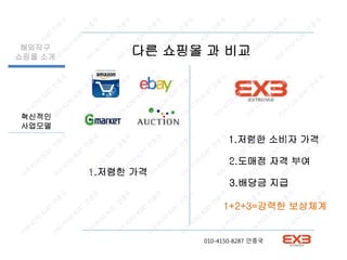 해외직구
쇼핑몰 소개
혁신적인
사업모델
다른 쇼핑몰 과 비교
1.저렴한 가격
1.저렴한 소비자 가격
2.도매점 자격 부여
3.배당금 지급
1+2+3=강력한 보상체계
010-4150-8287 안종국
 