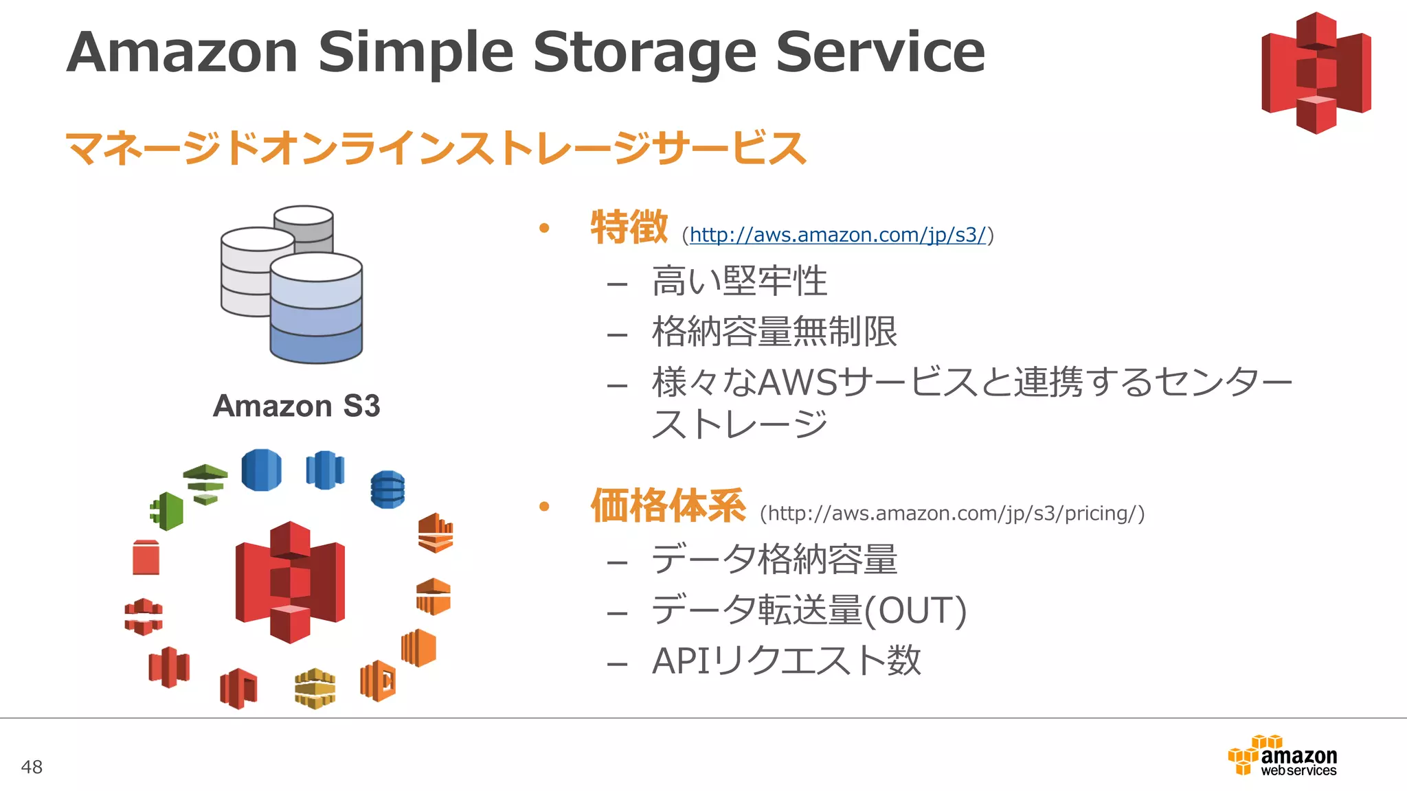 48
Amazon S3 Pricing
スタンダード スタンダード低
頻度アクセス
低冗長化 Glacier
最初の1TB/月 $0.0330/GB $0.019/GB $0.0264/GB $0.0114/GB
次の49TB/月 $0.0324/GB $0.019/GB $0.0259/GB $0.0114/GB
次の450TB/月 $0.0319/GB $0.019/GB $0.0255/GB $0.0114/GB
次の500TB/月 $0.0313/GB $0.019/GB $0.0250/GB $0.0114/GB
次の4PB/月 $0.0308/GB $0.019/GB $0.0246/GB $0.0114/GB
次の5PB/月 $0.0302/GB $0.019/GB $0.0242/GB $0.0114/GB
2016年5月時点の東京リージョン料金表
http://aws.amazon.com/jp/s3/pricing/
ストレージ料金
※IAの場合、請求対象対象となるオブジェクトサイズは128KBで、128KB以下のオブジェクトは128KBとして課金
 