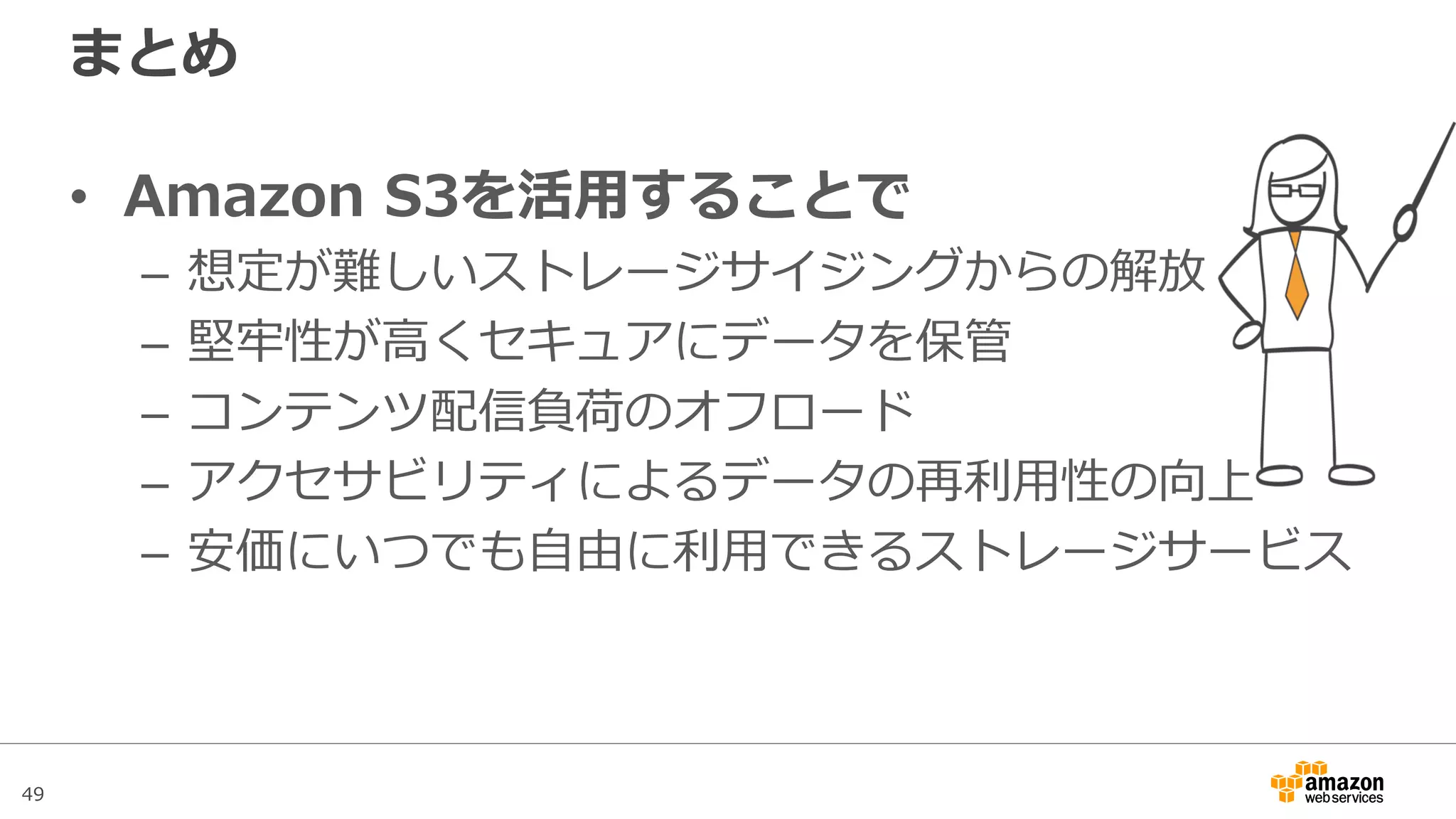 49
Amazon S3 Pricing
リクエストタイプ 価格
PUT,COPY,POST,LISTリクエ
スト
$0.0047:1,000リクエスト
あたり
GETおよびその他リクエスト $0.0037:10,000リクエスト
あたり
削除リクエスト Free
IAへのPUT,COPY,POSTおよび
ライフサイクル移行リクエスト
$0.01:1,000リクエスト
あたり
IAへのGETおよびその他リクエ
スト
$0.01:10,000リクエスト
あたり
IAからのデータ取出し $0.01/GB
Glacierアーカイブおよび復元
リクエスト
$0.0571:1,000リクエスト
あたり
Glacierデータ復元 Free ※1
転送方向 価格
IN 全てのデータ転送「IN」 $0.000/GB
OUT
(AWS
Network)
同じリージョンのAmazon EC2 $0.000/GB
別のAWSリージョン $0.090/GB
Amazon CloudFront $0.000/GB
OUT
(Internet)
最初の1GB/月 $0.000/GB
10TBまで/月 $0.140/GB
次の40TB/月 $0.135/GB
次の100TB/月 $0.130/GB
次の350TB/月 $0.120/GB
350TB/月以上 お問い合わせ
2016年5月時点の東京リージョン料金表
http://aws.amazon.com/jp/s3/pricing/
※1 Glacierが無料で復元できるのは、月平均Glacier保管量
5%まで。それ以上は$0.0114/GBが課金
データ転送料金リクエスト料金
 