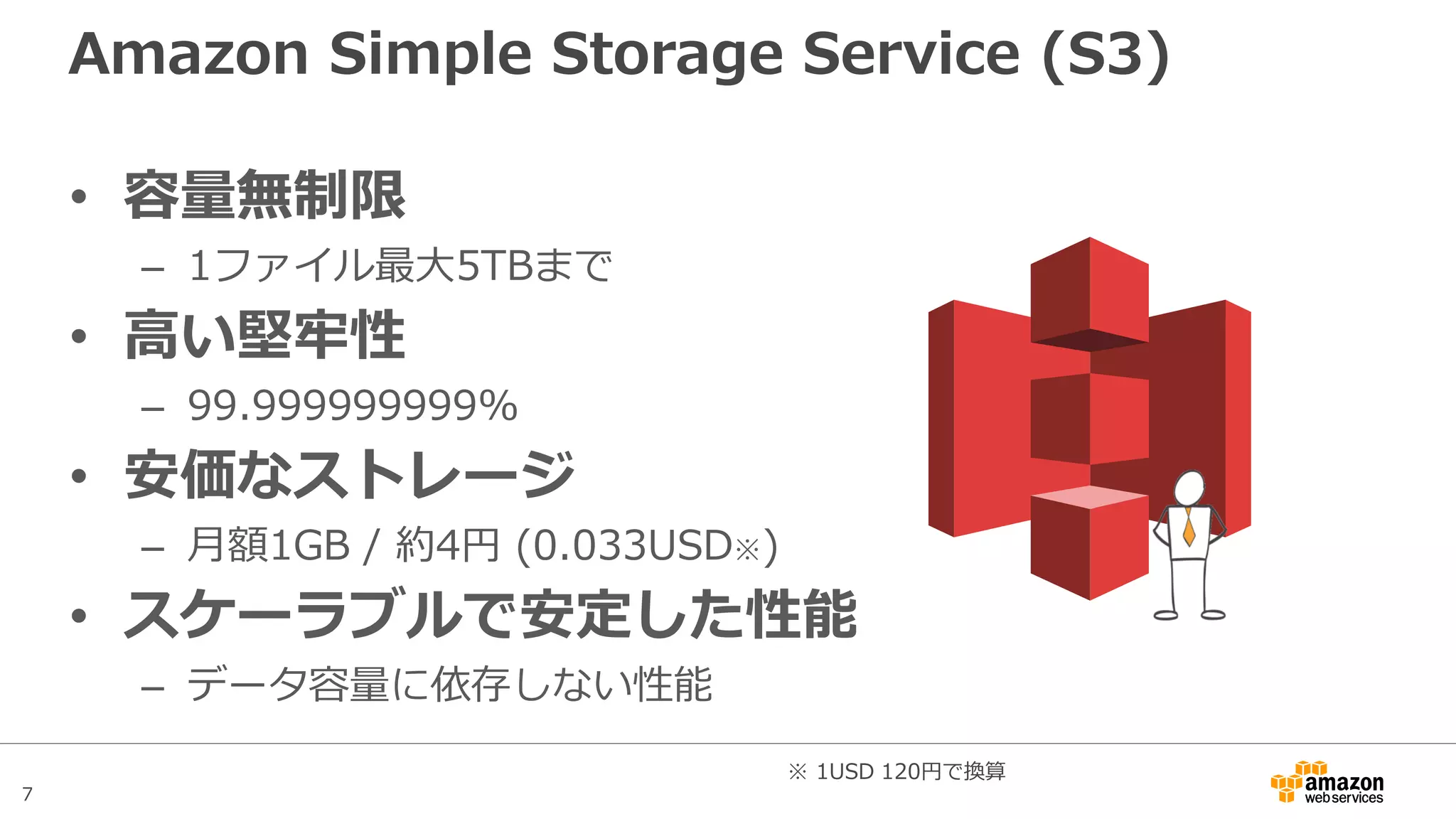 7
Amazon Simple Storage Service (S3)
• 容量無制限
– 1ファイル最大5TBまで
• 高い堅牢性
– 99.999999999%
• 安価なストレージ
– 月額1GB / 約2〜4円※
• スケーラブルで安定した性能
– データ容量に依存しない性能
※ 2016.5.25時点
 