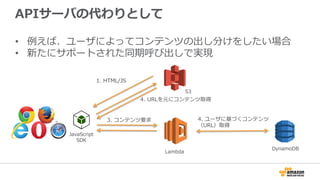 APIサーバの代わりとして
•  例例えば、ユーザによってコンテンツの出し分けをしたい場合
•  新たにサポートされた同期呼び出しで実現
DynamoDB
S3
1.  HTML/JS
4.  URLを元にコンテンツ取得
JavaScript
SDK
4.  ユーザに基づくコンテンツ
（URL）取得
Lambda
3.  コンテンツ要求
 