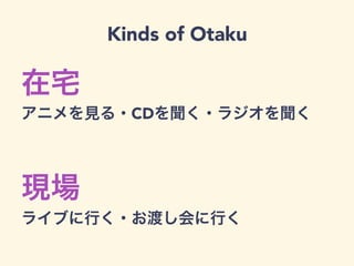Kinds of Otaku
在宅
アニメを見る・CDを聞く・ラジオを聞く
現場
ライブに行く・お渡し会に行く
 
