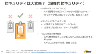 セキュリティは大丈夫？（論理的セキュリティ）
• ハイパーバイザー（ホストOS）
– AWS管理者の拠点ホストからの個別のログイン
– 全てのアクセスはロギングされ、監査されます
• ゲストOS（EC2インスタンス）
– お客様による完全なコントロール
– お客様が生成したいキーペアを使用
• Firewall機能の標準提供
– AWS標準機能としてInbound/Outboundに対する
Firewall
– AWSのお客様の権限、責任で設定
AWSコンプライアンス http://aws.amazon.com/jp/compliance/
AWSのセキュリティとコンプライアンス http://www.slideshare.net/AmazonWebServicesJapan/aws-23722701
12
 