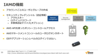 アカウントごとのユーザとグループの作成
セキュリティクレデンシャル（認証情報）
– アクセスキー
– ログイン/パスワード
– 多要素認証デバイス(オプション)
AWS APIを使ったポリシーコントロールアクセス
AWSマネージメントコンソールのユーザログオンサポート
OSやアプリケーションレベルのログインではない。
IAMの機能
AWS account
owner (master)
Network
management
Security
management
Server
management
Storage
management
AWS Black Belt Techシリーズ AWS IAM
http://www.slideshare.net/AmazonWebServicesJapan/aws-black-belt-tech-aws-iam50
 