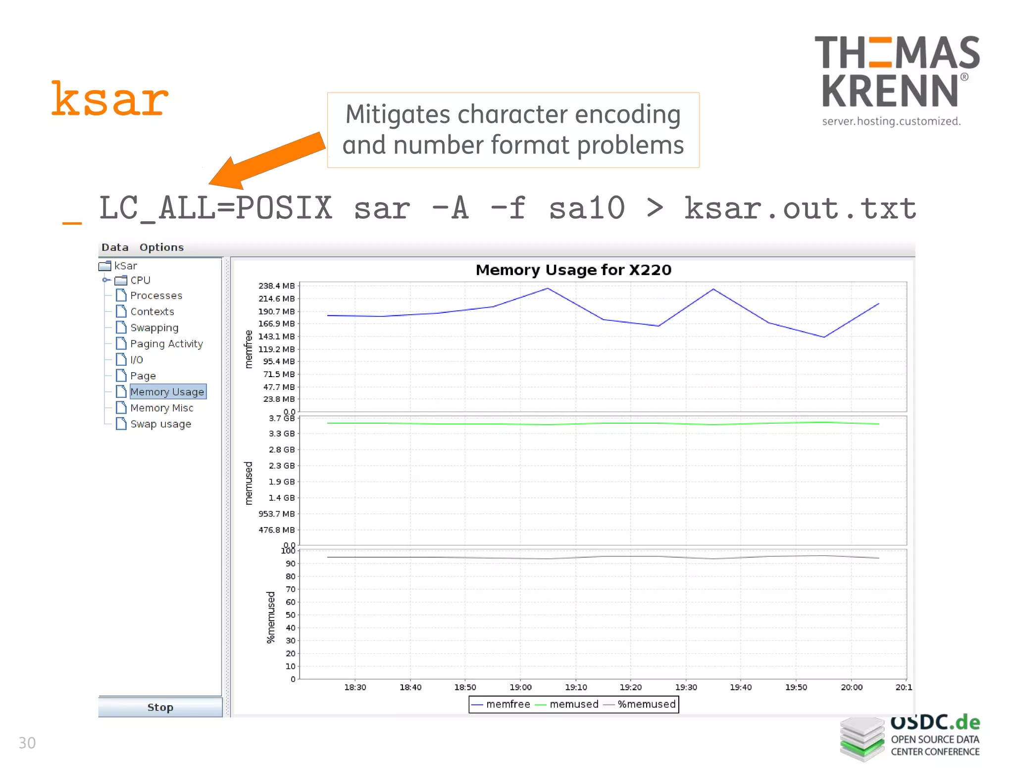 30
ksar
_ LC_ALL=POSIX sar -A -f sa10 > ksar.out.txt
Mitigates character encoding
and number format problems
 