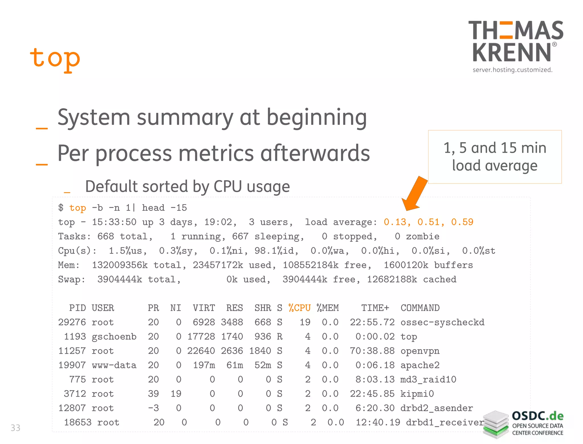33
top
_ System summary at beginning
_ Per process metrics afterwards
_ Default sorted by CPU usage
$ top -b -n 1| head -15
top - 15:33:50 up 3 days, 19:02, 3 users, load average: 0.13, 0.51, 0.59
Tasks: 668 total, 1 running, 667 sleeping, 0 stopped, 0 zombie
Cpu(s): 1.5%us, 0.3%sy, 0.1%ni, 98.1%id, 0.0%wa, 0.0%hi, 0.0%si, 0.0%st
Mem: 132009356k total, 23457172k used, 108552184k free, 1600120k buffers
Swap: 3904444k total, 0k used, 3904444k free, 12682188k cached
PID USER PR NI VIRT RES SHR S %CPU %MEM TIME+ COMMAND
29276 root 20 0 6928 3488 668 S 19 0.0 22:55.72 ossec-syscheckd
1193 gschoenb 20 0 17728 1740 936 R 4 0.0 0:00.02 top
11257 root 20 0 22640 2636 1840 S 4 0.0 70:38.88 openvpn
19907 www-data 20 0 197m 61m 52m S 4 0.0 0:06.18 apache2
775 root 20 0 0 0 0 S 2 0.0 8:03.13 md3_raid10
3712 root 39 19 0 0 0 S 2 0.0 22:45.85 kipmi0
12807 root -3 0 0 0 0 S 2 0.0 6:20.30 drbd2_asender
18653 root 20 0 0 0 0 S 2 0.0 12:40.19 drbd1_receiver
1, 5 and 15 min
load average
 