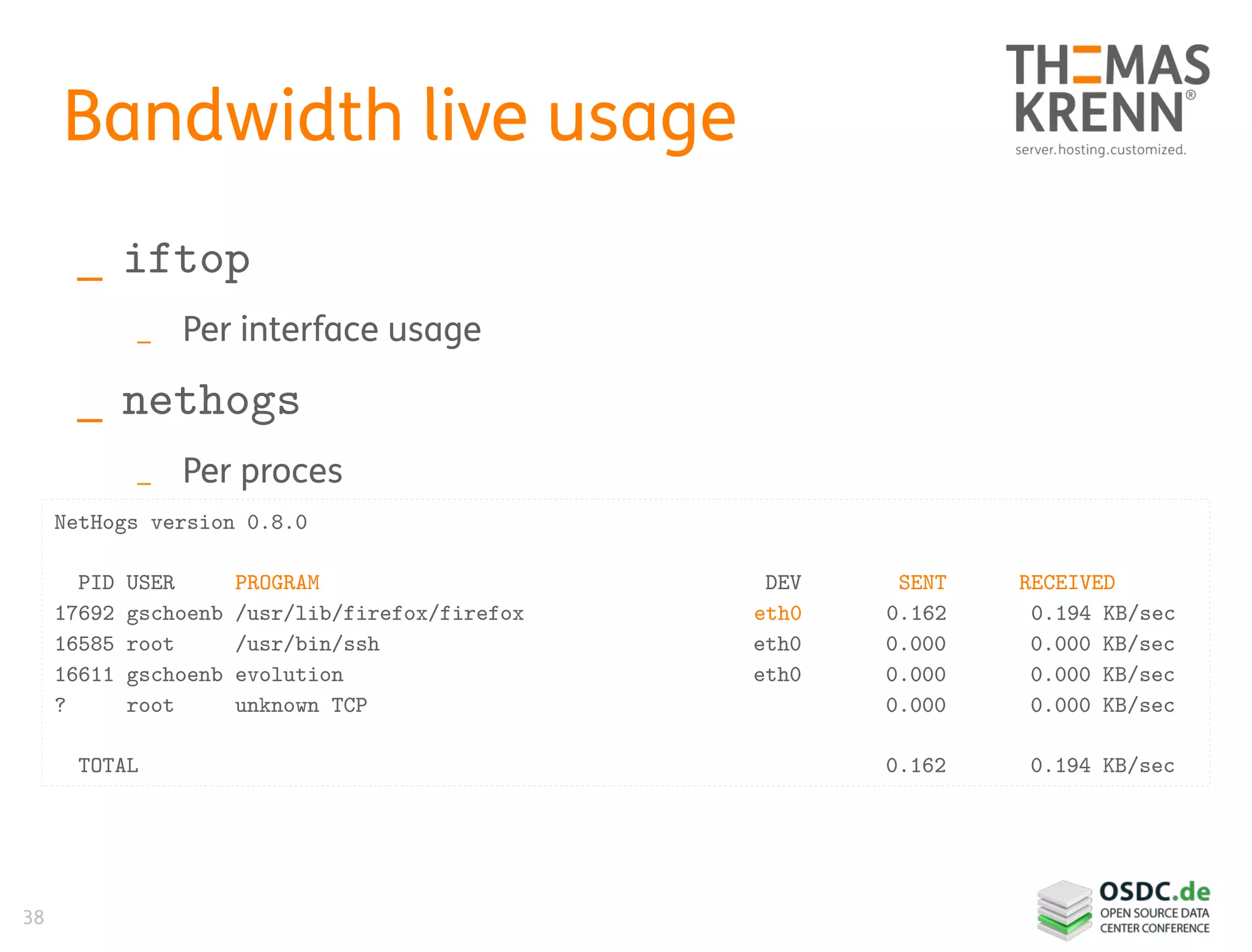 38
Bandwidth live usage
_ iftop
_ Per interface usage
_ nethogs
_ Per proces
NetHogs version 0.8.0
PID USER PROGRAM DEV SENT RECEIVED
17692 gschoenb /usr/lib/firefox/firefox eth0 0.162 0.194 KB/sec
16585 root /usr/bin/ssh eth0 0.000 0.000 KB/sec
16611 gschoenb evolution eth0 0.000 0.000 KB/sec
? root unknown TCP 0.000 0.000 KB/sec
TOTAL 0.162 0.194 KB/sec
 