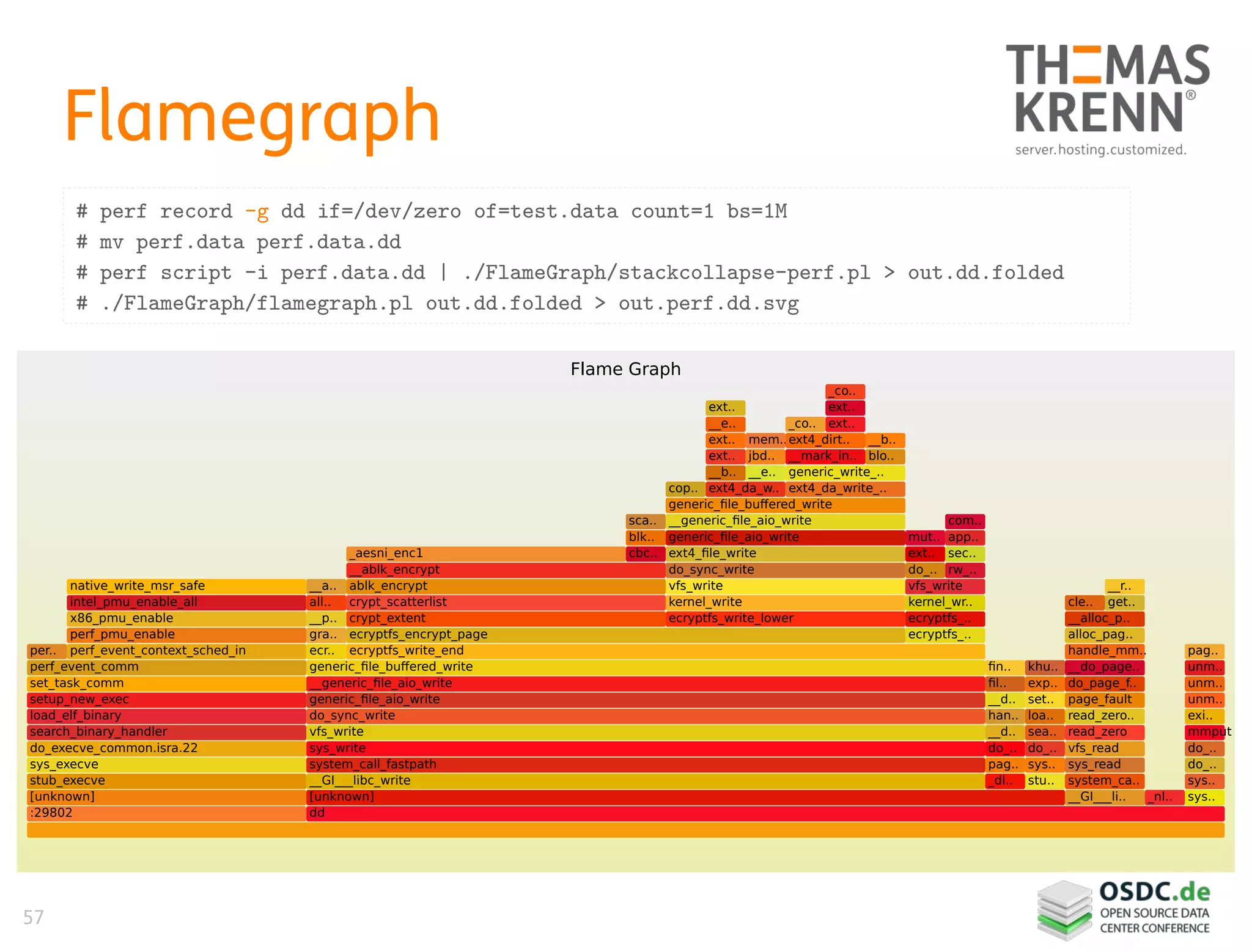 57
Flamegraph
# perf record -g dd if=/dev/zero of=test.data count=1 bs=1M
# mv perf.data perf.data.dd
# perf script -i perf.data.dd | ./FlameGraph/stackcollapse-perf.pl > out.dd.folded
# ./FlameGraph/flamegraph.pl out.dd.folded > out.perf.dd.svg
Flame Graph
__do_page..
ext..
_aesni_enc1
ecryptfs_encrypt_page
do_sync_write
do_page_f..
sys_execve
__a..
do_..
dd
unm..
ext..
__alloc_p..
load_elf_binary
generic_file_aio_write
__b..
ecr..
generic_file_buffered_write
read_zero..
__mark_in..
do_..
cle..
generic_file_buffered_write
rw_..
__r..
vfs_write
intel_pmu_enable_all
khu..
sys_write
ecryptfs_..
__GI___libc_write
handle_mm..
mem..
ablk_encrypt
ext..
__e..
alloc_pag..
__ablk_encrypt
__generic_file_aio_write
pag..
sys..
page_fault
x86_pmu_enable
mut..
ecryptfs_write_lower
get..
ext..
ext..
blo..
_co..
han..
gra..
system_ca..
kernel_write
ecryptfs_..
kernel_wr..
generic_write_..
sec..
sca..
native_write_msr_safe
perf_event_comm
sea..
do_sync_write
do_..
mmput
ext4_file_write
[unknown]
jbd..
_nl..
sys..
loa..
sys..
cop..
stu..
perf_pmu_enable
generic_file_aio_write
perf_event_context_sched_in
ext..
__GI___li..
per..
ext4_da_w..
set_task_comm
__d..
vfs_write
crypt_extent
unm..
[unknown]
setup_new_exec
all..
pag..
set..
sys_read
app..
fin..
:29802
do_..do_..
vfs_write
ext4_dirt..
__e..
_co..
crypt_scatterlist
vfs_read
ext4_da_write_..
__b..
cbc..
fil..
do_execve_common.isra.22
unm..
read_zero
stub_execve
__d..
_dl..
exi..
exp..
com..
__p..
search_binary_handler
ecryptfs_write_end
system_call_fastpath
__generic_file_aio_write
blk..
 