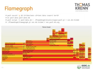 57
Flamegraph
# perf record -g dd if=/dev/zero of=test.data count=1 bs=1M
# mv perf.data perf.data.dd
# perf script -i perf.data.dd | ./FlameGraph/stackcollapse-perf.pl > out.dd.folded
# ./FlameGraph/flamegraph.pl out.dd.folded > out.perf.dd.svg
Flame Graph
__do_page..
ext..
_aesni_enc1
ecryptfs_encrypt_page
do_sync_write
do_page_f..
sys_execve
__a..
do_..
dd
unm..
ext..
__alloc_p..
load_elf_binary
generic_file_aio_write
__b..
ecr..
generic_file_buffered_write
read_zero..
__mark_in..
do_..
cle..
generic_file_buffered_write
rw_..
__r..
vfs_write
intel_pmu_enable_all
khu..
sys_write
ecryptfs_..
__GI___libc_write
handle_mm..
mem..
ablk_encrypt
ext..
__e..
alloc_pag..
__ablk_encrypt
__generic_file_aio_write
pag..
sys..
page_fault
x86_pmu_enable
mut..
ecryptfs_write_lower
get..
ext..
ext..
blo..
_co..
han..
gra..
system_ca..
kernel_write
ecryptfs_..
kernel_wr..
generic_write_..
sec..
sca..
native_write_msr_safe
perf_event_comm
sea..
do_sync_write
do_..
mmput
ext4_file_write
[unknown]
jbd..
_nl..
sys..
loa..
sys..
cop..
stu..
perf_pmu_enable
generic_file_aio_write
perf_event_context_sched_in
ext..
__GI___li..
per..
ext4_da_w..
set_task_comm
__d..
vfs_write
crypt_extent
unm..
[unknown]
setup_new_exec
all..
pag..
set..
sys_read
app..
fin..
:29802
do_..do_..
vfs_write
ext4_dirt..
__e..
_co..
crypt_scatterlist
vfs_read
ext4_da_write_..
__b..
cbc..
fil..
do_execve_common.isra.22
unm..
read_zero
stub_execve
__d..
_dl..
exi..
exp..
com..
__p..
search_binary_handler
ecryptfs_write_end
system_call_fastpath
__generic_file_aio_write
blk..
 