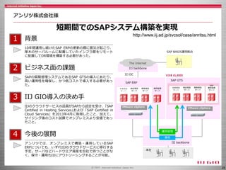 25
短期間でのSAPシステム構築を実現
http://www.iij.ad.jp/svcsol/case/anritsu.html
アンリツ株式会社様
１ 背景
10年間運用し続けたSAP ERPの更新の際に震災が起こり、
厚木のサーバルームに配置していたインフラ郡をリモート
に配置してDR環境を構築する必要があった。
２ ビジネス面の課題
SAPの貿易管理システムであるSAP GTSの導入にあたり、
高い運用性を確保し、かつ低コストで導入する必要があっ
た。
３ IIJ GIO導入の決め手
IIJのクラウドサービスの品質がSAPから認定を受け、｢SAP
Certified in Hosting Services｣および「SAP Certified in
Cloud Services」を2013年4月に取得したこと、加えて、
サイジング後のコスト試算でオンプレミスより安価であっ
たこと。
４ 今後の展開
アンリツでは、オンプレミスで構築・運用しているSAP
ERPについても、いずれIIJのクラウドサービスに移行する
予定。サーバなどハードウエア資産を自社で持つことがな
く、保守・運用もIIJにアウトソーシングすることが可能。
The Internet
SAP BASIS運用拠点
VMware vSphere
検証環境
サーバ
本番環境
サーバ
開発環境
サーバ
運用管理
サーバ
VMware vSphere
検証環境
サーバ
本番環境
サーバ
開発環境
サーバ
ERP
運用管理
サーバ
SAP ERP
SAP GTS
運用管理
連係
IIJ DC
本社
IIJ backbone
IIJ backbone
 