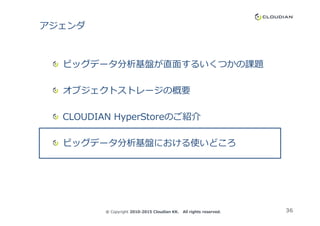 アジェンダ
ビッグデータ分析基盤が直面するいくつかの課題
オブジェクトストレージの概要
CLOUDIAN HyperStoreのご紹介CLOUDIAN HyperStoreのご紹介
ビッグデータ分析基盤における使いどころ
36© Copyright 2010-2015 Cloudian KK. All rights reserved.
 