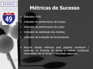 Métricas de Sucesso
• Indicador EVM;
• Indicador de performance de tempo;
• Indicador de performance de custo;
• Indicador de satisfação dos clientes;
• Indicador de avaliação de fornecedores.
• Através destas métricas será possível monitorar /
controlar os Projetos de forma a realizar mudanças
necessárias até se atingir o resultado esperado.
 
