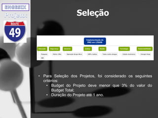 Seleção
• Para Seleção dos Projetos, foi considerado os seguintes
critérios:
• Budget do Projeto deve menor que 3% do valor do
Budget Total;
• Duração do Projeto até 1 ano.
 