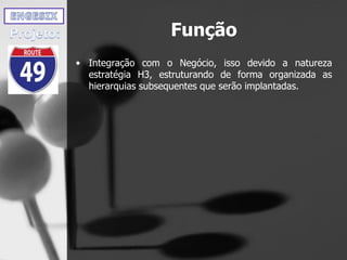 Função
• Integração com o Negócio, isso devido a natureza
estratégia H3, estruturando de forma organizada as
hierarquias subsequentes que serão implantadas.
 