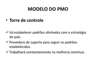 MODELO DO PMO
• Torre de controle
 Irá estabelecer padrões alinhados com a estratégia
do país.
 Provedora de suporte para seguir os padrões
estabelecidos.
 Trabalhará constantemente na melhoria contínua.
 