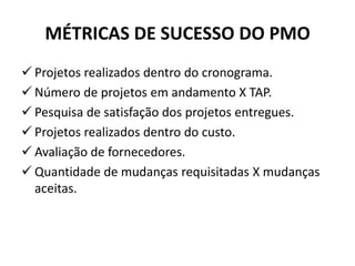 MÉTRICAS DE SUCESSO DO PMO
 Projetos realizados dentro do cronograma.
 Número de projetos em andamento X TAP.
 Pesquisa de satisfação dos projetos entregues.
 Projetos realizados dentro do custo.
 Avaliação de fornecedores.
 Quantidade de mudanças requisitadas X mudanças
aceitas.
 