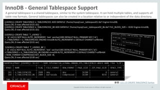 Copyright © 2014, Oracle and/or its affiliates. All rights reserved. |
InnoDB - General Tablespace Support
13
A general tablespace is a shared tablespace, similar to the system tablespace. It can hold multiple tables, and supports all
table row formats. General tablespaces can also be created in a location relative to or independent of the data directory.
[USER01]> CREATE TABLESPACE U_TABLESPACE01 ADD DATAFILE '/home/mysql/user_tablespace01.ibd' Engine=InnoDB;
Query OK, 0 rows affected (0.01 sec)
[USER01]> CREATE TABLESPACE U_TABLESPACE02_8K ADD DATAFILE '/home/mysql/user_tablespace02_8k.ibd' FILE_BLOCK_SIZE = 8192 Engine=InnoDB;
Query OK, 0 rows affected (0.01 sec)
[USER01]> CREATE TABLE `T_USER01` (
> `id` int(11) NOT NULL AUTO_INCREMENT, `text` varchar(100) DEFAULT NULL, PRIMARY KEY (`id`)
> ) TABLESPACE = U_TABLESPACE01 ENGINE=InnoDB AUTO_INCREMENT=1 DEFAULT CHARSET=utf8mb4;
Query OK, 0 rows affected (0.01 sec)
[USER01]> CREATE TABLE `T_USER02_8K` (
> `id` int(11) NOT NULL AUTO_INCREMENT, `text` varchar(100) DEFAULT NULL, PRIMARY KEY (`id`)
>) TABLESPACE = U_TABLESPACE02_8K ENGINE=InnoDB AUTO_INCREMENT=1 DEFAULT CHARSET=utf8mb4
> ROW_FORMAT=COMPRESSED KEY_BLOCK_SIZE =8;
Query OK, 0 rows affected (0.00 sec)
参照：13.1.15 CREATE TABLESPACE Syntax
 