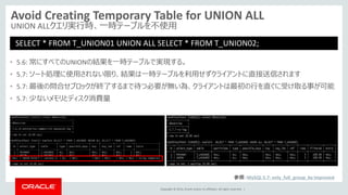 Copyright © 2014, Oracle and/or its affiliates. All rights reserved. |
Avoid Creating Temporary Table for UNION ALL
UNION ALLクエリ実行時、一時テーブルを不使用
SELECT * FROM T_UNION01 UNION ALL SELECT * FROM T_UNION02;
• 5.6: 常にすべてのUNIONの結果を一時テーブルで実現する。
• 5.7: ソート処理に使用されない限り、結果は一時テーブルを利用せずクライアントに直接送信されます
• 5.7: 最後の問合せブロックが終了するまで待つ必要が無い為、クライアントは最初の行を直ぐに受け取る事が可能
• 5.7: 少ないメモリとディスク消費量
参照：MySQL 5.7: only_full_group_by Improved
 