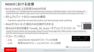 Copyright © 2014, Oracle and/or its affiliates. All rights reserved. |
INDEXにおける改善
• BULK LOADSによる高速なINDEX作成
• ボトムアップソートを行いINDEXを構築
– Improves speed by increasing locality and decreasing node splitting
• PAGEがフルになった場合のみ圧縮が行われる
• 各PAGEの空き容量を”innodb_fill_factor”オプションでコントロール
• パフォーマンス向上
– 2-3x ADD/CREATE INDEXのパフォーマンスの改善
– 2-5% 標準INSERTオペレーションのパフォーマンス改善
18
innodb_fill_factor defines the percentage of space on each B-tree page that is filled during a sorted index build,
with the remaining space reserved for future index growth.
As of MySQL 5.7.5, InnoDB performs a bulk load when creating or rebuilding indexes. Prior to the introduction
of bulk load index creation, index entries were inserted into the B-tree one record at a time using insert APIs.
参照：14.12.17 Bulk Load for CREATE INDEX
Update用
Page
 