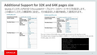 Copyright © 2014, Oracle and/or its affiliates. All rights reserved. |
Additional Support for 32K and 64K pages size
23
MySQLインスタンス内の全てのInnoDBのテーブルスペースのページ·サイズを指定します。
この値はインスタンス構築時に設定し、その後設定した値が継続して適用されます。
The size in bytes of the buffer that InnoDB uses to write to the log files on disk.
The default value changed from 8MB to 16MB in 5.7.6 with the introduction of 32k and 64k
innodb_page_size values.
 