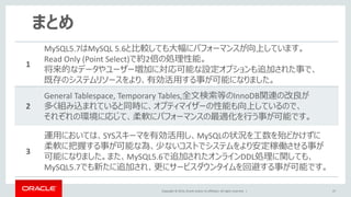 Copyright © 2014, Oracle and/or its affiliates. All rights reserved. | 47
Created 5 tables in a single test database on master and used 5 clients to
do inserts on them, in parallel.
まとめ
1
MySQL5.7はMySQL 5.6と比較しても大幅にパフォーマンスが向上しています。
Read Only (Point Select)で約2倍の処理性能。
将来的なデータやユーザー増加に対応可能な設定オプションも追加された事で、
既存のシステムリソースをより、有効活用する事が可能になりました。
2
General Tablespace, Temporary Tables,全文検索等のInnoDB関連の改良が
多く組み込まれていると同時に、オプティマイザーの性能も向上しているので、
それぞれの環境に応じて、柔軟にパフォーマンスの最適化を行う事が可能です。
3
運用においては、SYSスキーマを有効活用し、MySQLの状況を工数を殆どかけずに
柔軟に把握する事が可能な為、少ないコストでシステムをより安定稼働させる事が
可能になりました。また、MySQL5.6で追加されたオンラインDDL処理に関しても、
MySQL5.7でも新たに追加され、更にサービスダウンタイムを回避する事が可能です。
 