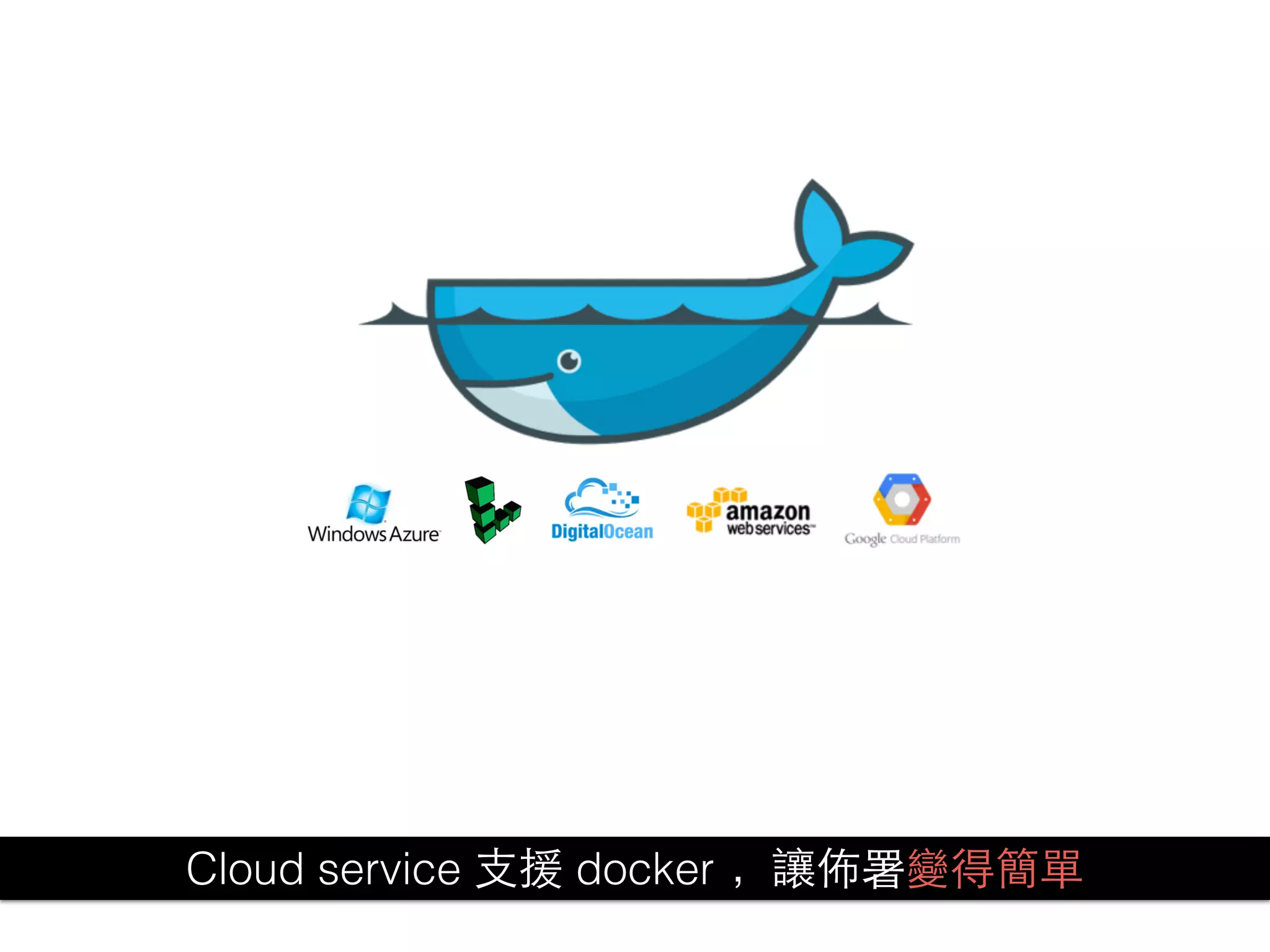 Cloud service ⽀支援 docker ，讓佈署變得簡單
 