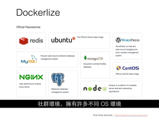 ﬁnd more services : https://registry.hub.docker.com/
Dockerlize
社群環境，擁有許多不同 OS 環境
 