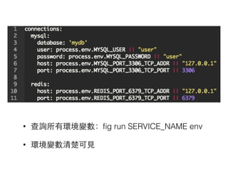 • 查詢所有環境變數：ﬁg run SERVICE_NAME env
• 環境變數清楚可⾒見
 
