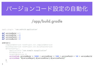 バージョンコード設定の自動化
apply plugin: 'com.android.application' 
 
def versionMajor = 1 
def versionMinor = 0 
def versionPatch = 0 
def versionBuild = 0 
 
android { 
compileSdkVersion rootProject.ext.compileSdkVersion 
buildToolsVersion rootProject.ext.buildToolsVersion 
defaultConfig { 
applicationId "com.example.myapplication" 
minSdkVersion 9 
targetSdkVersion 22 
versionCode versionMajor * 10000 + versionMinor * 1000 + versionPatch * 100 + versionBuild 
versionName "${versionMajor}.${versionMinor}.${versionPatch}" 
}
… 
}
/app/build.gradle
 