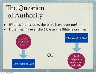 The Question
of Authority
• What authority does the bible have over me?
• Either man is over the Bible or the Bible is over man.
11
Wednesday, 29 April 2015
 