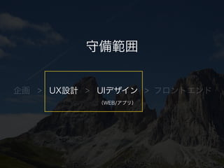 守備範囲
企画 UX設計 UIデザイン
（WEB/アプリ）
フロントエンド> > >
 