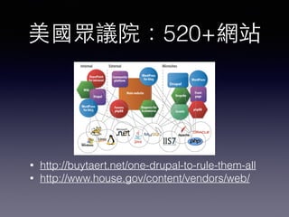 美國眾議院：520+網站
• http://buytaert.net/one-drupal-to-rule-them-all
• http://www.house.gov/content/vendors/web/
 