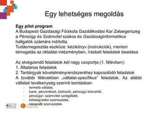 Egy lehetséges megoldás
Egy pilot program
A Budapesti Gazdasági Főiskola Gazdálkodási Kar Zalaegerszeg
a Pénzügy és Számvi...