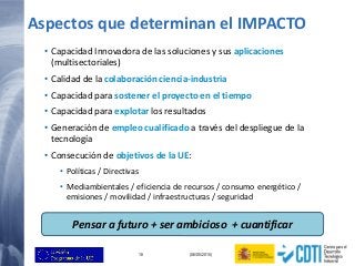 18 (06/05/2015)
Aspectos que determinan el IMPACTO
• Capacidad Innovadora de las soluciones y sus aplicaciones
(multisecto...
