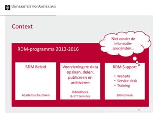 Context
RDM-programma 2013-2016
RDM Support
Bibliotheek
Voorzieningen: data
opslaan, delen,
publiceren en
archiveren
Bibliotheek
& ICT Services
RDM Beleid
Academische Zaken
Niet zonder de
informatie-
specialisten…
• Website
• Service desk
• Training
2
 