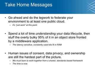 Take Home Messages
• Go ahead and do the legwork to federate your
environment to at least one public cloud.
– It’s “just w...