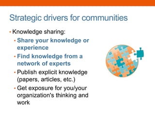 Strategic drivers for communities
• Knowledge sharing:
• Share your knowledge or
experience
• Find knowledge from a
network of experts
• Publish explicit knowledge
(papers, articles, etc.)
• Get exposure for you/your
organization's thinking and
work
 