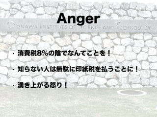 Anger
• 消費税8%の陰でなんてことを！
• 知らない人は無駄に印紙税を払うことに！
• 湧き上がる怒り！
 