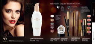 MAQUILHAGEMwww.oriﬂame.pt
30996
Bronzed Burgundy
30992
Frosted White
30993
Gold Sparkle
30994
Shimmering Grey
30995
Crystal Taupe
71
30955
Lucent
Pink
30957
Raspberry
Blush
30958
Fuchsia
Divine
30956
Rose
Petal
70
30954
Nude
Peach
70
FÓRMULA GEL-
CREME
não acumula
nas dobras das
pálpebras1),
1)Testado no
consumidor
Ponta
especial
para uma
deﬁnição
soberba
Luxuoso e reparador,
o Óleo de Argão nutre e
rejuvenesce os lábios, para
que ﬁquem preenchidos e
jovens.
ÓLEO DE ARGÃO9 EM 10 MULHERES
concordam que deﬁne
e separa visivelmente as
pestanas.*
Aplique com um disco
de algodão na pele
seca ou sobre o rosto
molhado, com as pontas
dos dedos. Remova/
enxague com
água morna.
A Modelo está a usar: Batons Líquidos Iconic Giordani Gold
30957 Raspberry Blush, Máscara Supreme Length Giordani Gold
24097 Black, Lápis de Olhos Giordani Gold 22739 Brown.
Reﬁnados toques de soﬁsticação…
*Testado em 97 mulheres
ቤ Eyeliner Calligraphy
Giordani Gold 0.8 ml.
€15,00 €9,95
ቦ Batons Líquidos Iconic
Giordani Gold 4.5 ml.
€16,00 €9,95
ባ Sombra de Olhos Luminous
Cream Giordani Gold 4.5 g.
€17,00 €11,95
ቢ Leite Nutritivo de Limpeza Giordani Gold
200 ml.
24574 €19,00 €12,95
ÚLTIMA APRESENTAÇÃO
ብ Máscara Supreme Length
Giordani Gold 8 ml.
€18,00 €9,95
ቢ
ባ
ብ
ቦ
30772
Black
ቤ
24097
Black
 