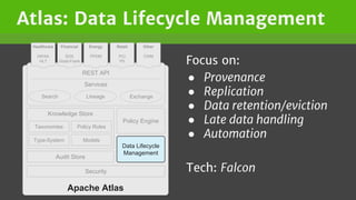 Atlas: Data Lifecycle Management
Focus on:
● Provenance
● Replication
● Data retention/eviction
● Late data handling
● Automation
Tech: Falcon
Apache Atlas
Knowledge Store
Audit Store
ModelsType-System
Policy RulesTaxonomies
Policy Engine
Security
REST API
Services
Search Lineage Exchange
Healthcare
HIPAA
HL7
Financial
SOX
Dodd-Frank
Custom
CWM
Retail
PCI
PII
Other
Data Lifecycle
Management
Other
CWM
Energy
PPDM
 