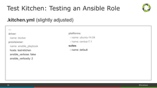 34 #Dynatrace
Create an Ansible Role
Initialize Test Kitchen
$ mkdir –p ansible/roles/my-role
$ cd ansible/roles/my-role
Test Kitchen: Testing an Ansible Role
$ kitchen init --driver=docker --provisioner=ansible_playbook
create .kitchen.yml
create test/integration/default
Configuration goes here!
Tests go here!
 