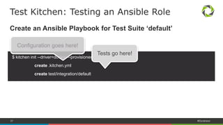 37 #Dynatrace
$ kitchen list
Instance Driver Provisioner Transport Last Action
default-ubuntu-1404 Docker AnsiblePlaybook Ssh <Not Created>
default-centos-71 Docker AnsiblePlaybook Ssh <Not Created>
`kitchen list`: List Test Kitchen Instances
Test Kitchen: Installation
This will change...Test Suite Platform
 