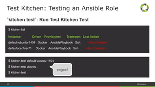 43 #Dynatrace
Serverspec is RSpec for your infrastructure.
Serverspec
require ‘serverspec’
describe user(‘foo’) do
it { should exist }
it { should belong_to_group ‘foo’ }
end
describe file(‘/opt/bar’) do
it { should be_directory }
it { should be_mode 777 }
it { should be_owned_by ‘foo’ }
it { should be_grouped_into ‘foo’ }
end
describe service(‘bar’) do
it { should be_enabled }
it { should be_running }
end
describe port(8080) do
it { should be_listening }
end
describe command(‘apachectl –M’) do
its(:stdout) { should contain(‘proxy_module’) }
end
Resource
Matcher
 