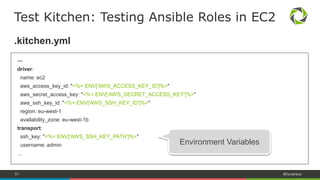 51 #Dynatrace
.kitchen.yml
---
driver:
name: docker
provisioner:
name: ansible_playbook
hosts: test-kitchen
requirements_path: requirements.yml
ansible_verbose: false
ansible_verbosity: 2
Test Kitchen: Resolve Role Requirements
platforms:
- name: ubuntu-14.04
- name: centos-7.1
suites:
- name: default
Declare required roles
on Ansible Galaxy, GitHub,
or Git, Mercurial, etc. repos
 