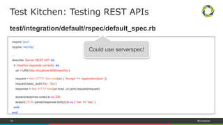 55 #Dynatrace
test/integration/default/serverspec/default_spec.rb
require ‘json’
require ‘net/http’
...
describe ‘Server REST API’ do
it ‘/rest/foo responds correctly’ do
uri = URI(‘http://localhost:8080/rest/foo’)
request = Net::HTTP::Get.new(uri, { ‘Accept’ => ‘application/json’ })
request.basic_auth(‘foo’, ‘foo’)
response = Net::HTTP.new(uri.host, uri.port).request(request)
expect(response.code).to eq 200
expect(JSON.parse(response.body)).to eq { ‘bar’ => ‘baz’ }
end
end
Test Kitchen: Testing REST APIs
 