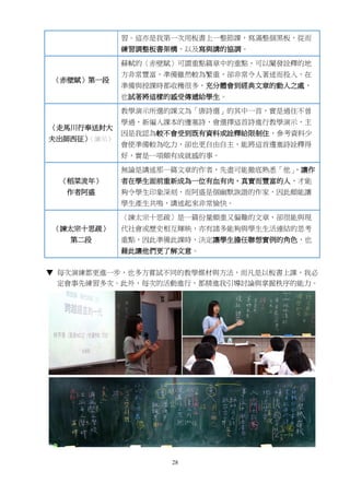 28
習。這亦是我第一次用板書上一整節課，寫滿整個黑板，從而
練習調整板書架構，以及寫與講的協調。
〈赤壁賦〉第一段
蘇軾的〈赤壁賦〉可謂重點篇章中的重點，可以闡發詮釋的地
方非常豐富，準備雖然較為繁重，卻非常令人著迷而投入，在
準備與授課時都收穫很多，充分體會到經典文章的動人之處，
也試著將這樣的感受傳遞給學生。
〈走馬川行奉送封大
夫出師西征〉（演示）
教學演示所選的課文為「唐詩選」的其中一首，實是過往不曾
學過，新編入課本的邊塞詩，會選擇這首詩進行教學演示，主
因是我認為較不會受到既有資料或詮釋給限制住，參考資料少
會使準備較為吃力，卻也更自由自主，能將這首邊塞詩詮釋得
好，實是一項頗有成就感的事。
〈稻菜流年〉
作者阿盛
無論是講述那一篇文章的作者，先盡可能徹底熟悉「他」，讓作
者在學生面前重新成為一位有血有肉，真實而豐富的人，才能
夠令學生印象深刻，而阿盛是個幽默詼諧的作家，因此頗能讓
學生產生共鳴，講述起來非常愉快。
〈諫太宗十思疏〉
第二段
〈諫太宗十思疏〉是一篇份量頗重又偏難的文章，卻很能與現
代社會或歷史相互輝映，亦有諸多能夠與學生生活連結的思考
重點，因此準備此課時，決定讓學生擔任聯想實例的角色，也
藉此讓他們更了解文意。
▼ 每次演練都更進一步，也多方嘗試不同的教學媒材與方法，而凡是以板書上課，我必
定會事先練習多次。此外，每次的活動進行，都精進我引導討論與掌握秩序的能力。
 