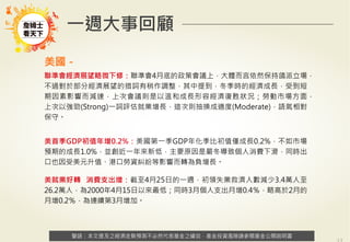 警語：本文提及之經濟走勢預測不必然代表基金之績效，基金投資風險請參閱基金公開說明書
Copyright	
  ©	
  2014	
  Ezfunds	
  Securi:es	
  Investment	
  Consul:ng	
  Enterprise	
  Ltd.
警語：本文提及之經濟走勢預測不必然代表基金之績效，基金投資風險請參閱基金公開說明書
一週大事回顧
美國－
聯準會經濟展望略微下修：聯準會4月底的政策會議上，大體而言依然保持鴿派立場，
不過對於部分經濟展望的措詞有稍作調整，其中提到，冬季時的經濟成長，受到短
期因素影響而減速，上次會議則是以溫和成長形容經濟復甦狀況；勞動市場方面，
上次以強勁(Strong)一詞評估就業增長，這次則抽換成適度(Moderate)，語氣相對
保守。
美首季GDP初值年增0.2%：美國第一季GDP年化季比初值僅成長0.2%，不如市場
預期的成長1.0%，並創近一年來新低，主要原因是嚴冬導致個人消費下滑，同時出
口也因受美元升值、港口勞資糾紛等影響而轉為負增長。
美就業好轉 消費支出增：截至4月25日的一週，初領失業救濟人數減少3.4萬人至
26.2萬人，為2000年4月15日以來最低；同時3月個人支出月增0.4％，略高於2月的
月增0.2％，為連續第3月增加。
 