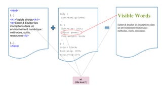 <html>
(...)
<h1>Visible Words</h1>
<p>Editer & Etudier les
inscriptions dans un
environnement numérique :
méthodes, outils,
ressources</p>
(...)
</html>
body {
font-family:Times;
}
h1 {
font-size: 200%;
color: green;
font-weight: bold;
}
p {
color: black;
font-size: 100%;
margin-top:10%;
}
Visible Words
Editer & Etudier les inscriptions dans
un environnement numérique :
méthodes, outils, ressources
h1
(title level 1)
 