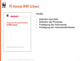 PE-KonzeptWWF Schweiz
06.05.2015 / Soirée Kampahire: PE-Strategien in NPOs 10
Inhalte:
- Definition des Ziels
- Definition der Prozesse
- Festlegung der Instrumente
- Festlegung der Verantwortlichkeiten
 